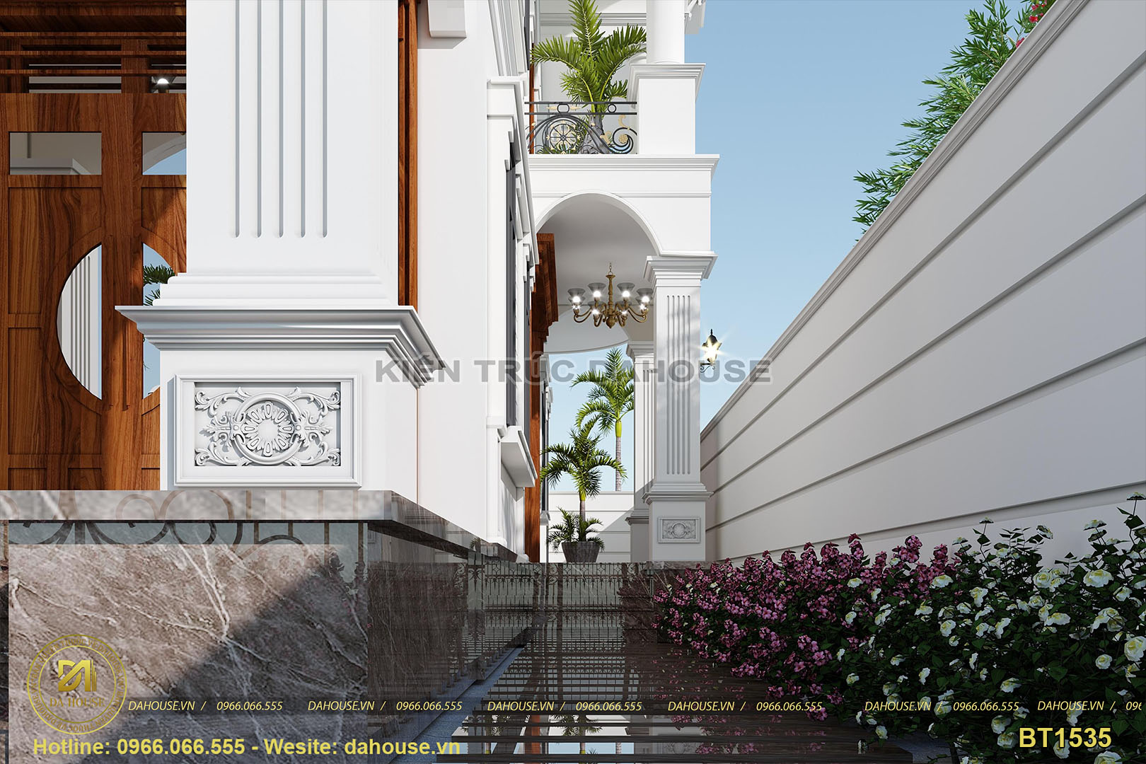 Ảnh phối cảnh 3D kiến trúc biệt thự tân cổ điển 2 tầng ở Hà Nội (1)