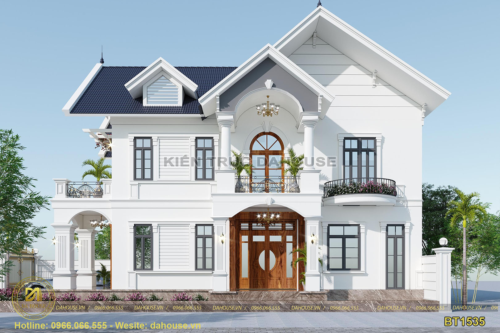 Ảnh phối cảnh 3D kiến trúc biệt thự tân cổ điển 2 tầng ở Hà Nội (4)